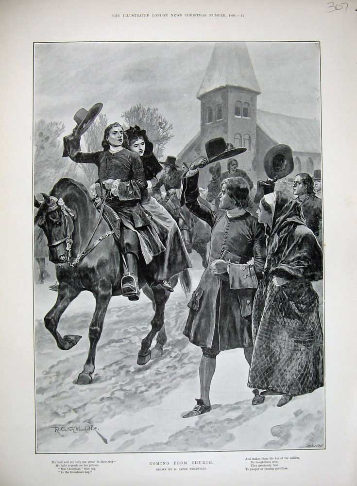 Original Old Antique Print Woodville Art 1893 People Church Snow Horse Winter