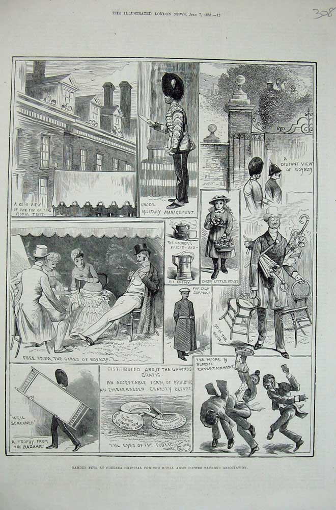 Original Old Antique Print 1883 Garden Fete Chelsea Hospital Royal Army Coffee