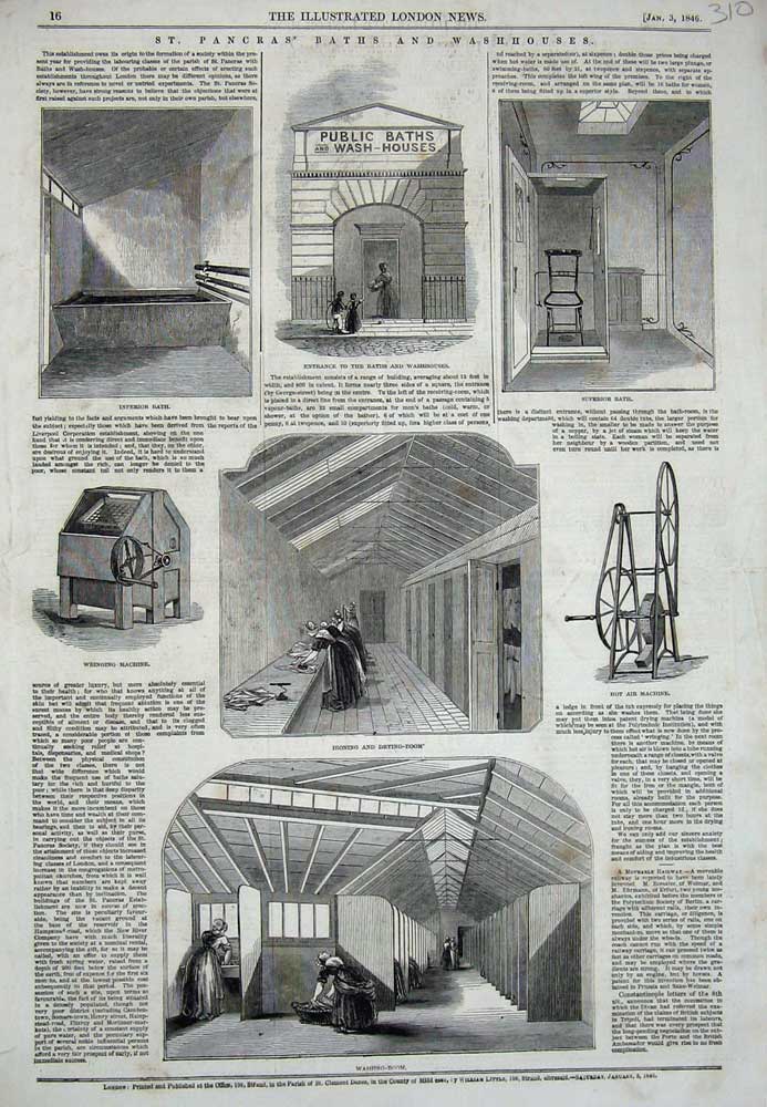 Original Old Antique Print 1846 St Pancreas Baths Wash-Houses Hot Air Machine