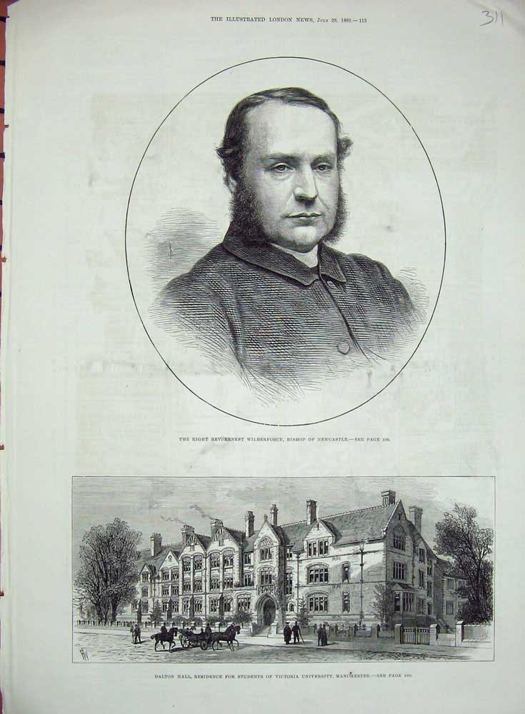 Original Old Antique Print 1882 Ernest Wilberforce Bishop Newcastle Dalton Hall