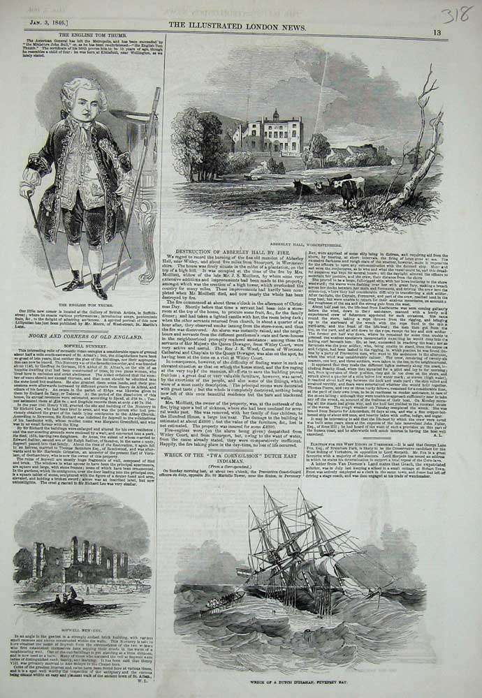 Old Antique Print 1846Ship Wreck Pevensey Sopwell Abberley Worcestershire 19th