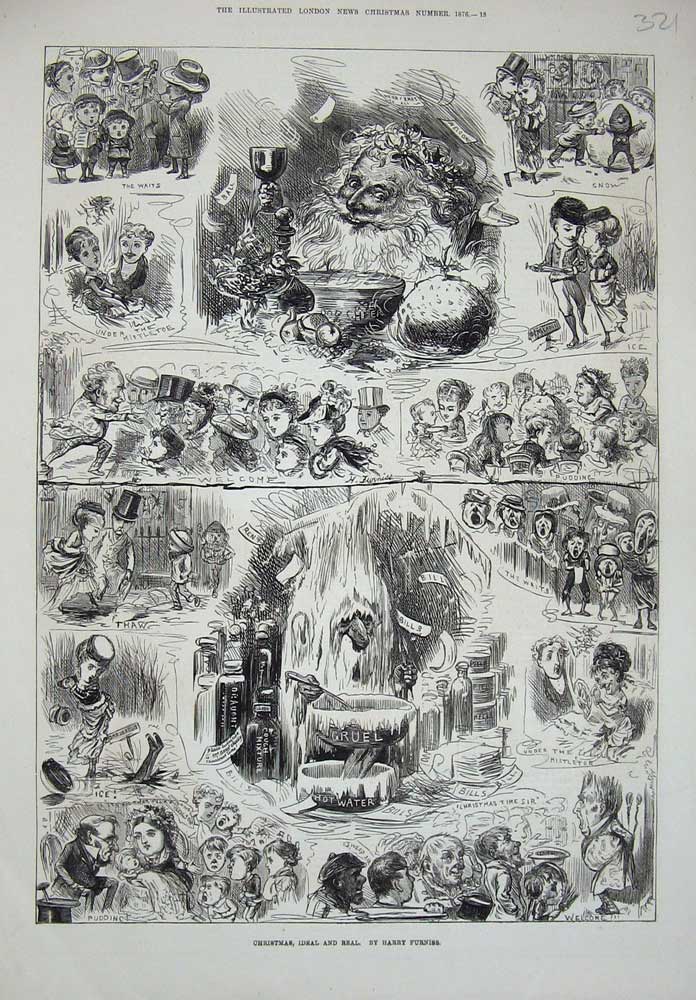 Original Old Antique Print 1876 Christmas Costumes Gruel Pudding Carol Singing