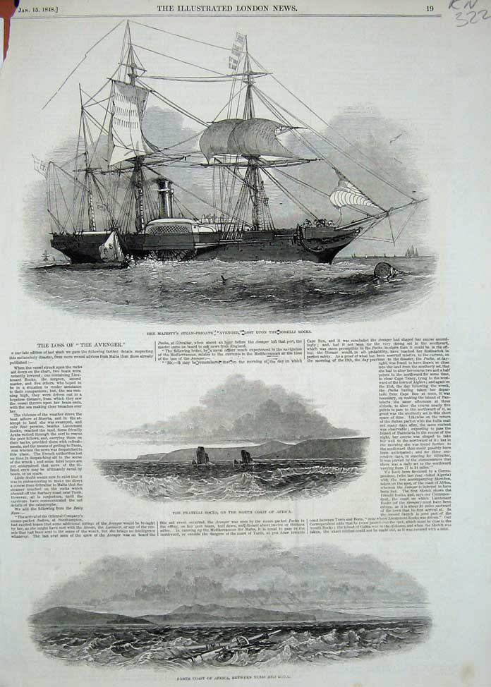 Old Antique Print 1848 Steam Ship Avenger Fratelli Africa Tunis Bona Sea 19th