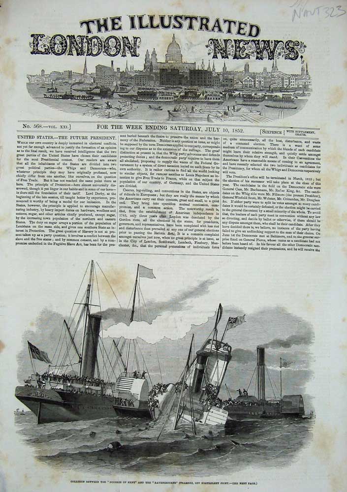 Old Antique Print 1852 Collision Duchess Kent Ravensbourne Steamers Ship 19th