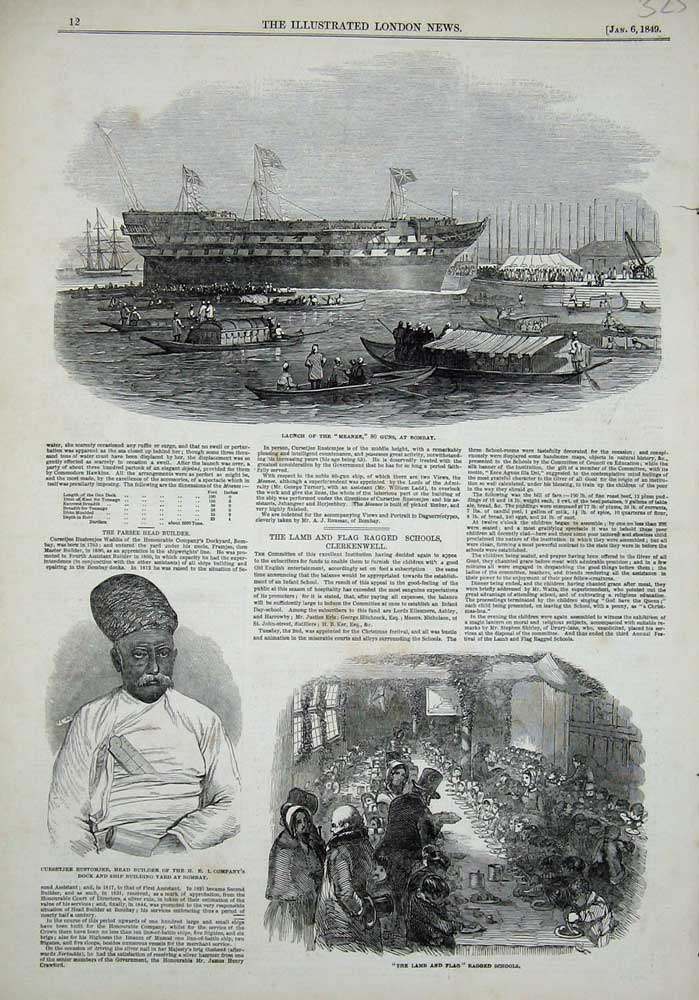 Old Antique Print 1849 Ragged School Meanee Ship Bombay Rustomjee Bombay 19th