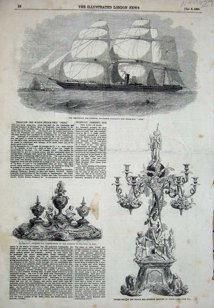 Old Antique Print 1856 Wilcox Anderson Services Steam Ship Pera King Siam 19th