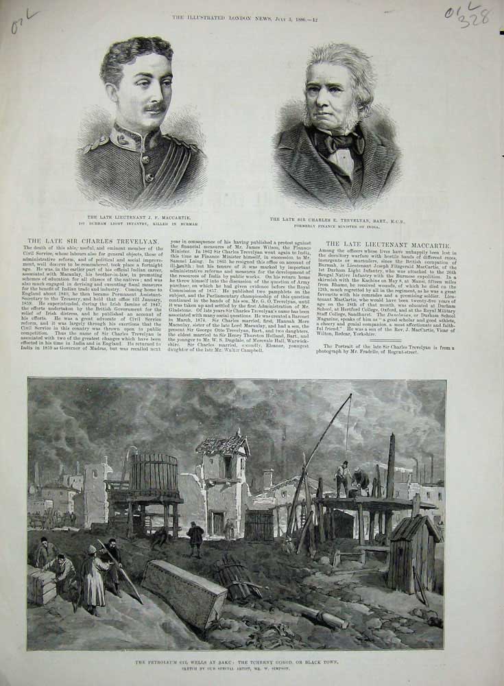 Old Antique Print 1886 Petroleum Oil Wells Baku Tcherny Gorod Maccartie 19th