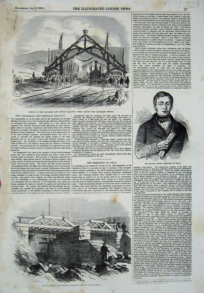Old Antique Print 1856 Santiago Railway Don Montt Chili Train Valparaiso 19th