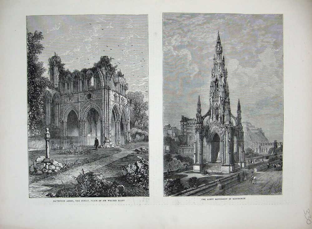 Old Antique Print 1871 Dryburgh Abbey Sir Walter Scott Monument Edinburgh 19th