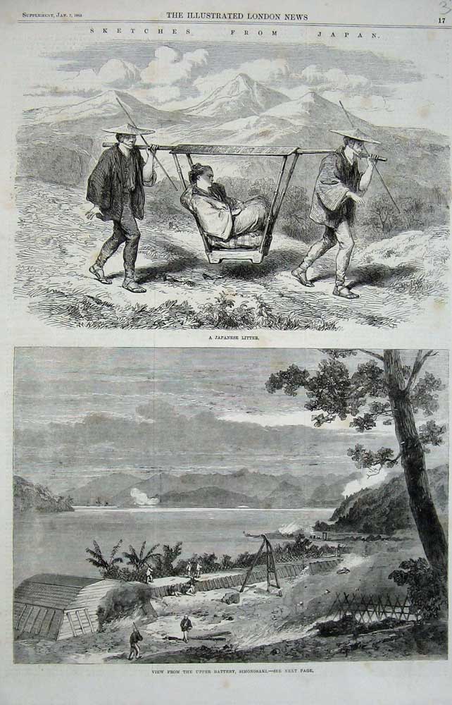 Old Antique Print 1865 Japansese Litter Transport Simonosaki Battery War 19th