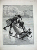 Original Old Antique Print Winter 1893 Man Woman Sledge Ice Trees Forestier Art