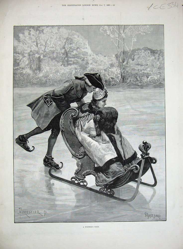 Original Old Antique Print Winter 1893 Man Woman Sledge Ice Trees Forestier Art