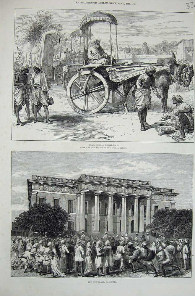 Original Old Antique Print 1876 Ekas Bengal Presidency Townhall Calcutta Horses