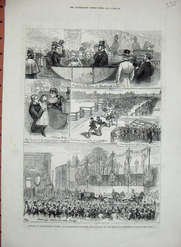 Old Antique Print 1880 Wandsworth Putney Hammersmith Bridges Toll Wales 19th