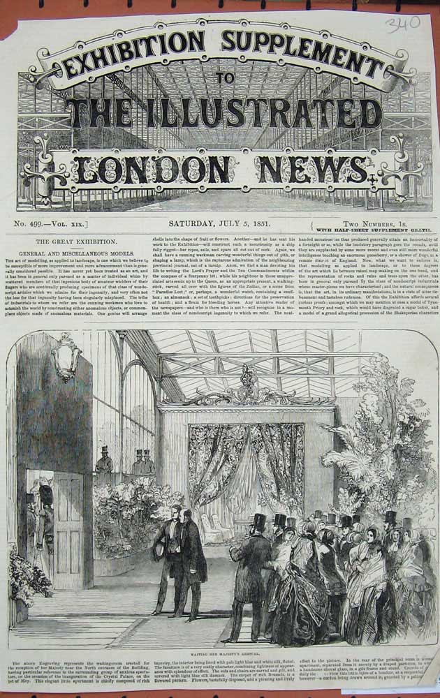 Original Old Antique Print 1851 Great Exhibition Building People Waiting Queen