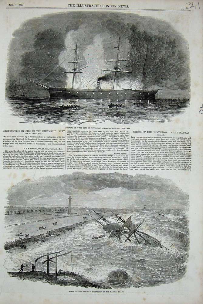 Original Old Antique Print 1853 Ship Wreck Barque Successor City Pittsburg Fire