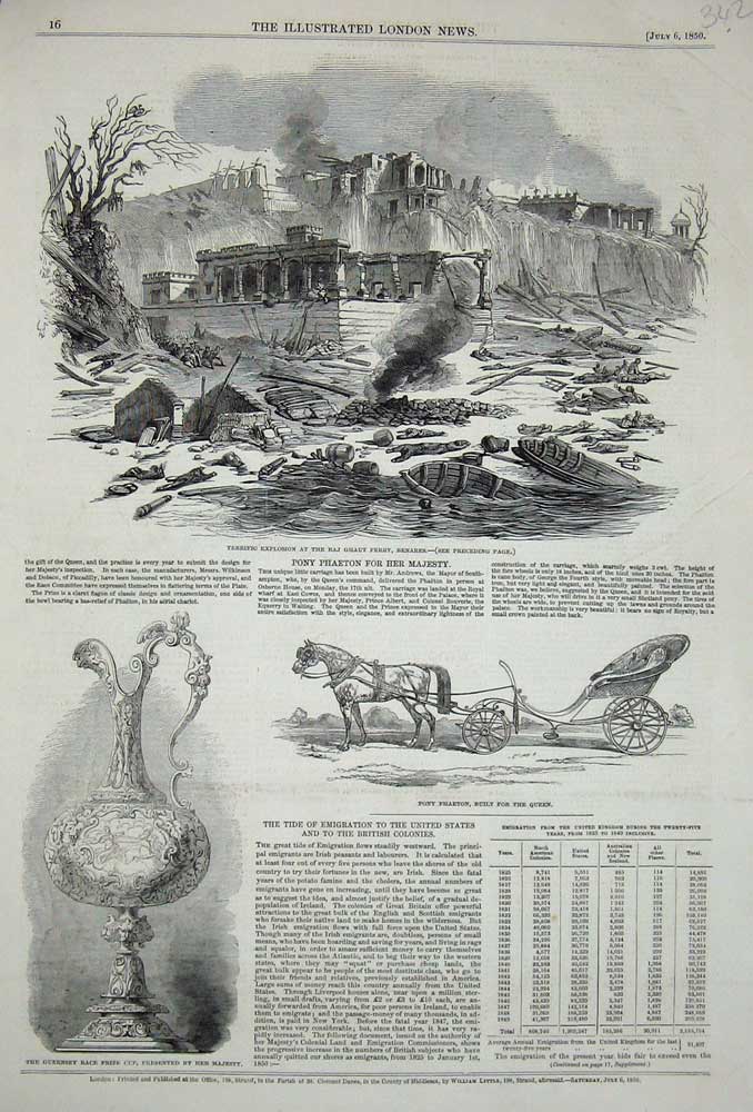 Old Antique Print 1850 Explosion Raj Ghaut Ferry Benares Pony Phaeton Cup 19th