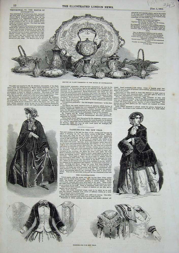Original Old Antique Print 1852 Womens Fashion Service Plate Mayor Southampton