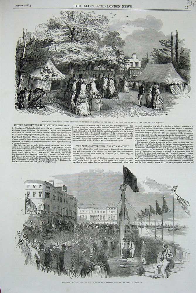 Original Old Antique Print 1853 Wellington Pier Great Yarmouth Harlesden House