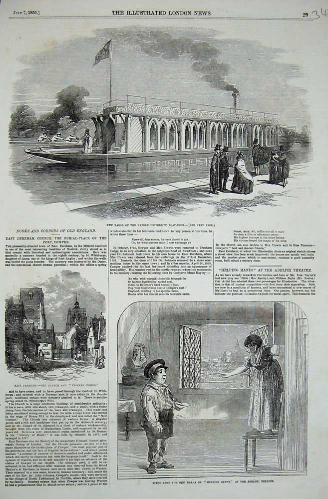 Old Antique Print 1855 Barge Oxford University Boat Race Adelphi Theatre 19th