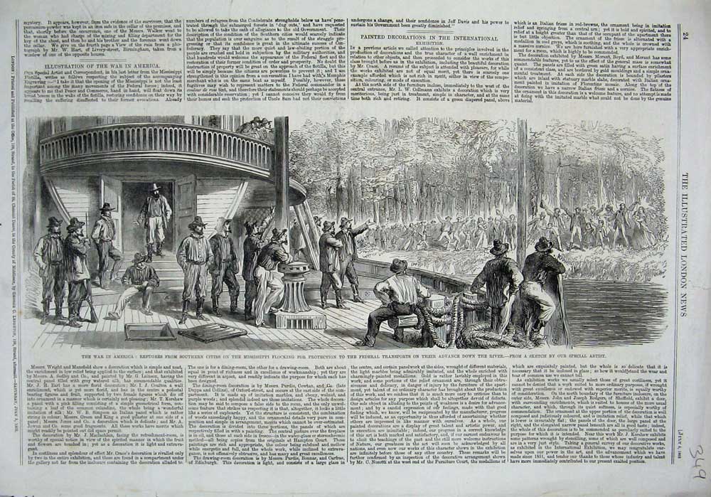 Original Old Antique Print 1862 War America Refugees Mississippi River Boat
