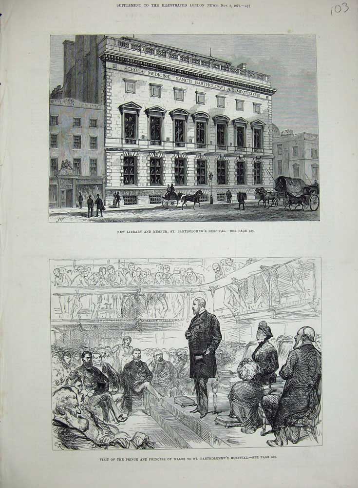 Old Antique Print Library Museum Bartholomews Hospital 1879 Prince Wales 19th
