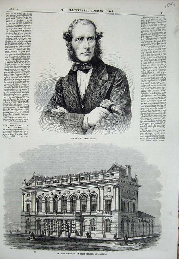 Old Antique Print 1863 Baron Pigott Townhall Great Grimbsy Lincolnshire 19th