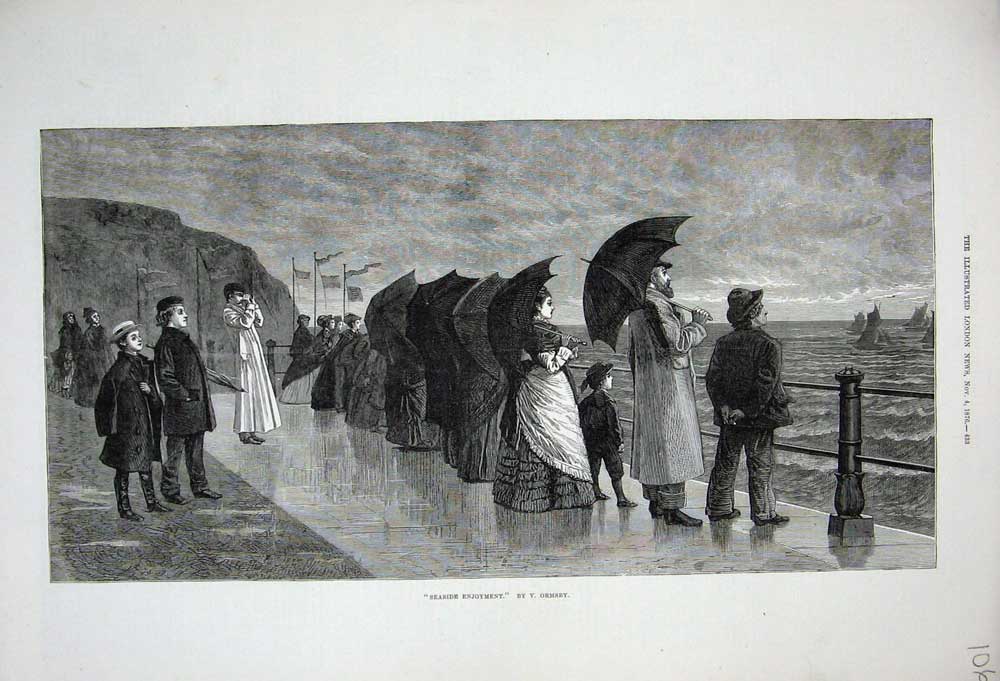 Old Antique Print Seaside Stormy Day 1876 People Umbrellas Wind Yacht Art 19th