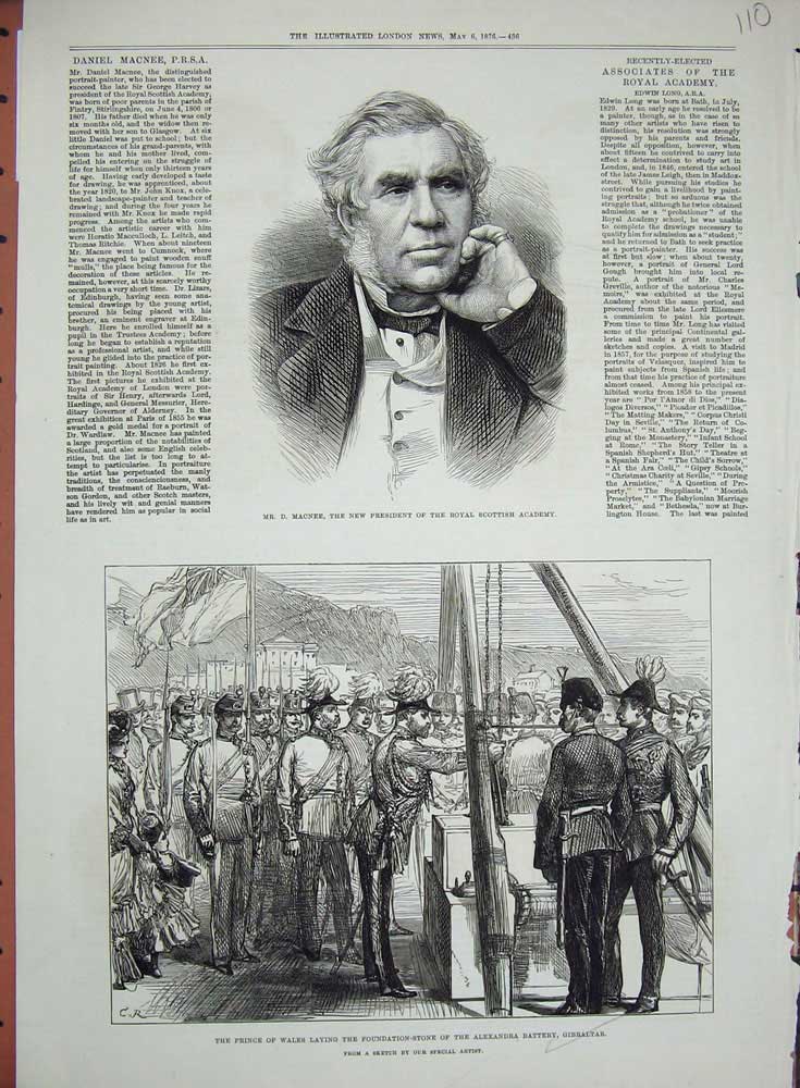 Original Old Antique Print 1876 Prince Wales Alexandra Battery Gibraltar Macnee
