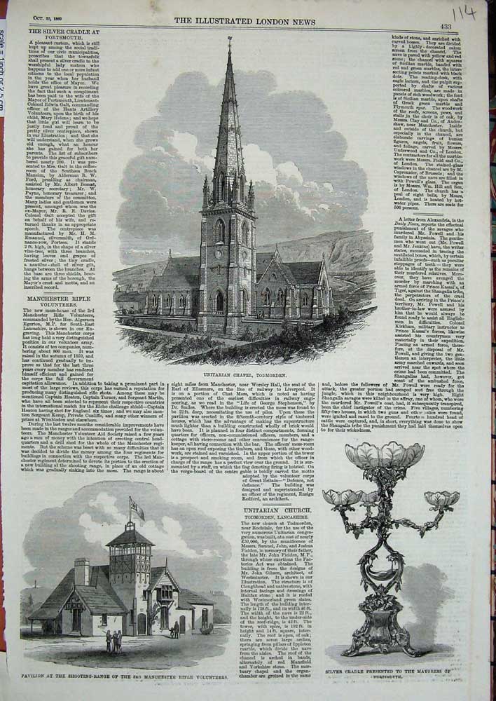 Original Old Antique Print 1869 Unitarian Chapel Todmorden Rifle Range Silver