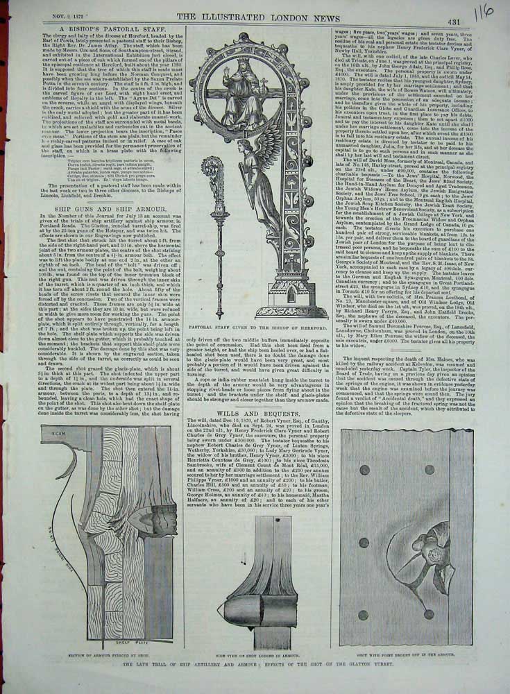 Original Old Antique Print 1872 Pastoral Bishop Hereford Glatton Turret Armour
