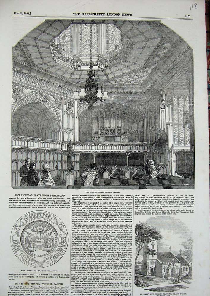 Old Antique Print 1854 Chapel Royal Windsor Castle Mary'S Church Dorset 19th
