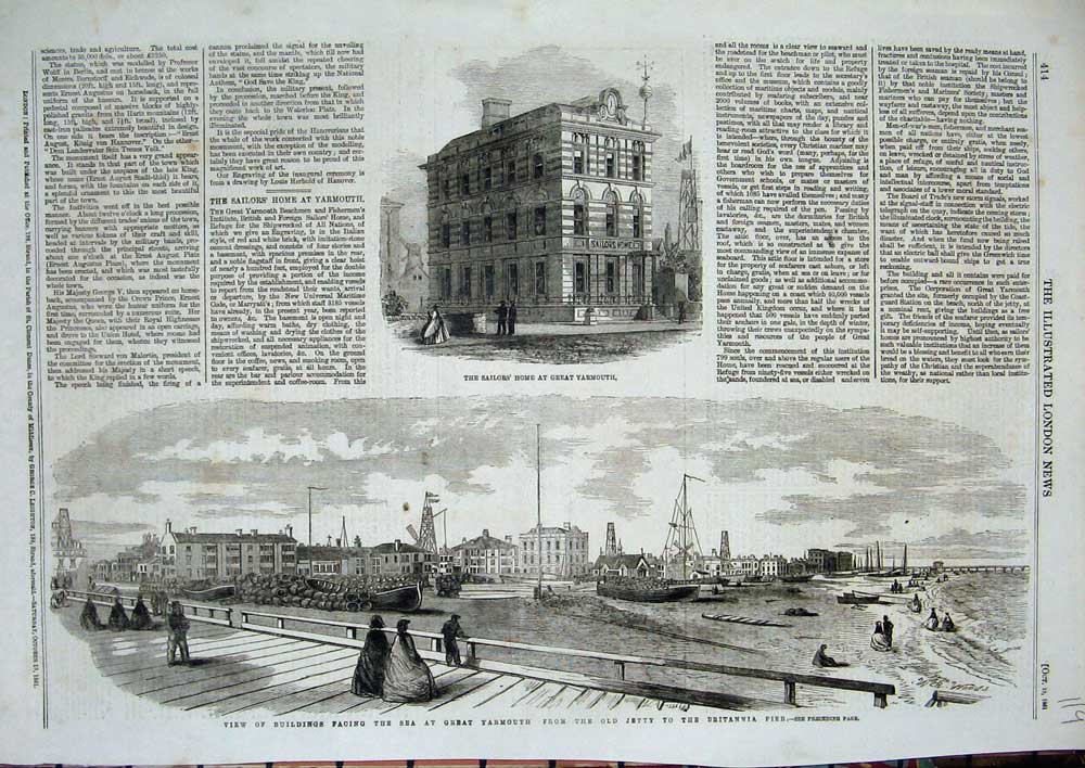 Old Antique Print 1861 Sailor'S Home Great Yarmouth Britannia Pier Jetty 19th