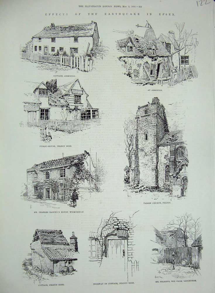 Original Old Antique Print 1884 Earthquake Essex Abberton Parish Church Peldon