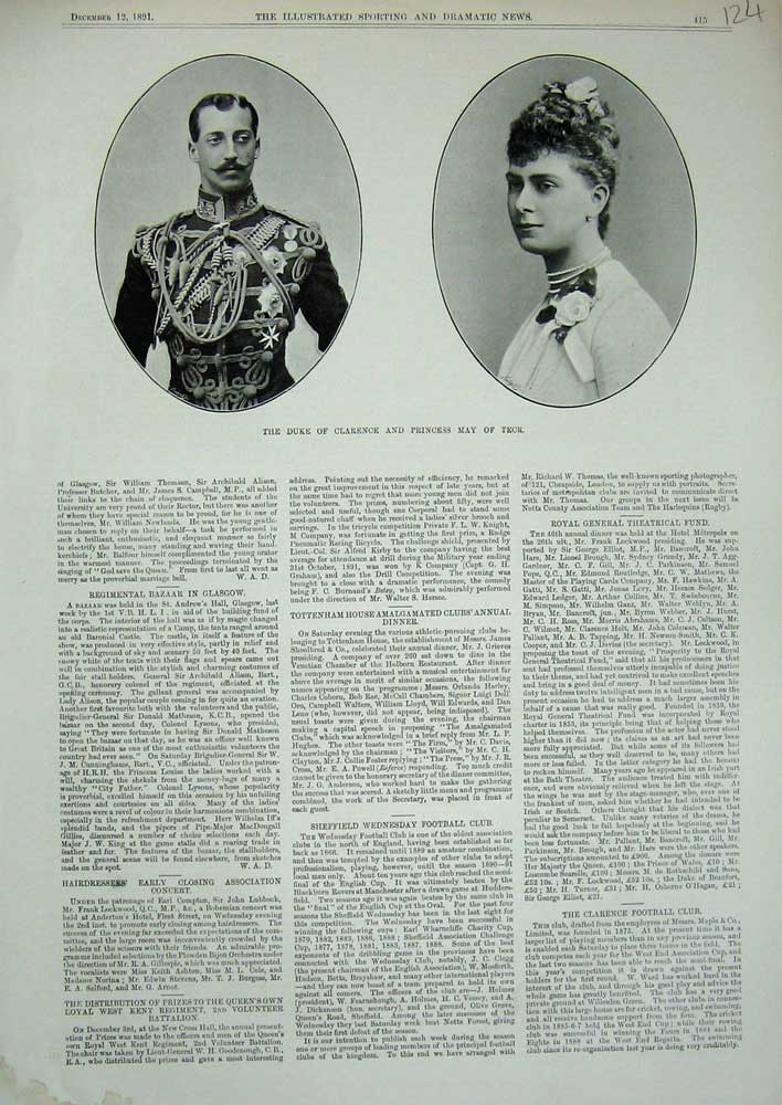 Original Old Antique Print 1891 Duke Clarence Princess May Teck Portrait 19th