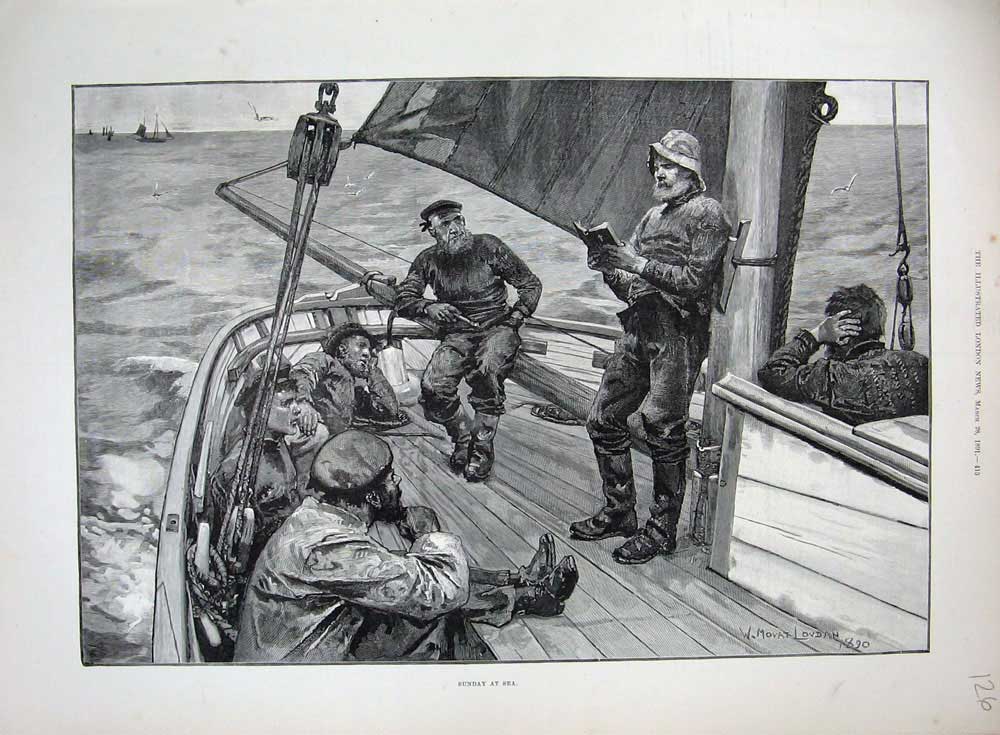 Old Antique Print 1891 Sunday Service Sea Ship Fishing Boat Movat Lovdan 19th