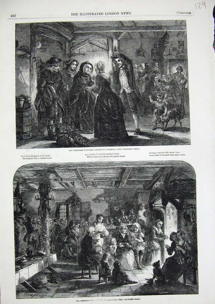 Old Antique Print 1848 Christmas Family House Children Marshall Fine Art 19th