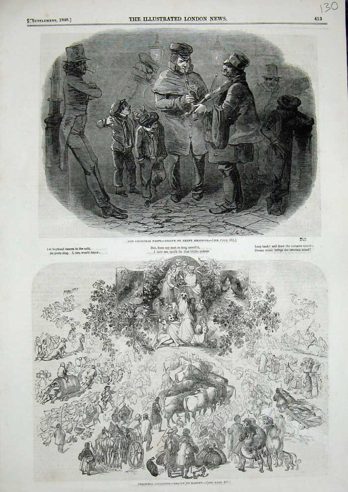 Old Antique Print 1848 Christmas Street Music Food Animals Meadows Harvey 19th
