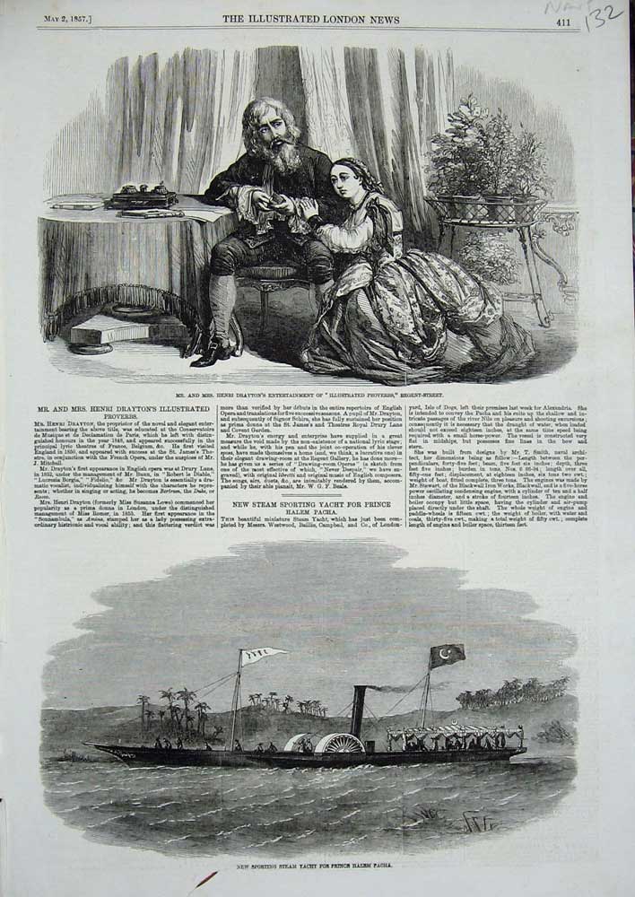 Old Antique Print 1857 Henri Drayton Prince Halem Pacha Steam Yacht Boat 19th