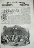 Original Old Antique Print 1847 Christmas Family Party House Children Cats 19th