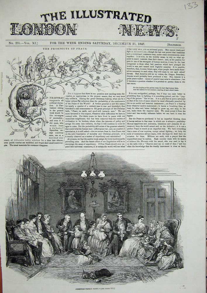 Original Old Antique Print 1847 Christmas Family Party House Children Cats 19th