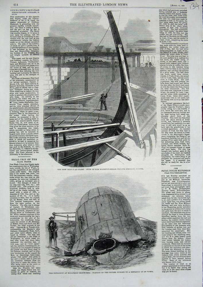 Old Antique Print 1862 Queen Steam Frigate Achilles Millfield Ironworks 19th
