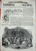 Original Old Antique Print 1847 Christmas Family Party House Children Cats Pets