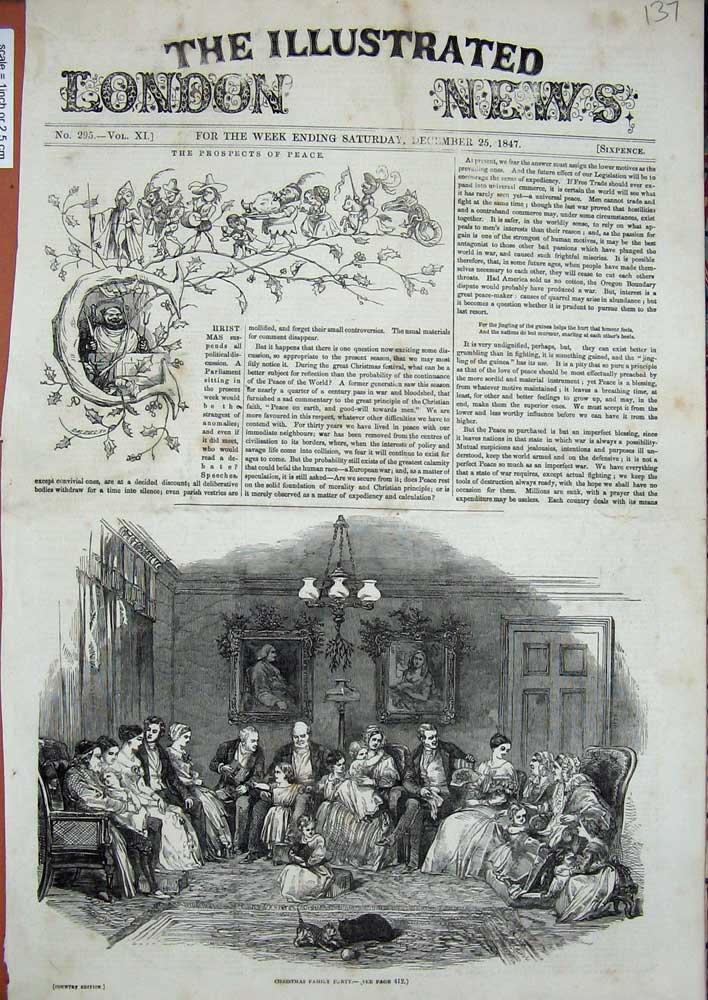 Original Old Antique Print 1847 Christmas Family Party House Children Cats Pets