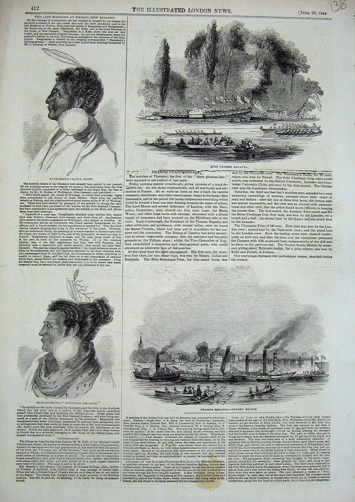 Original Old Antique Print 1844 Thames Regatta Boats Putney Bridge Kafia Chief