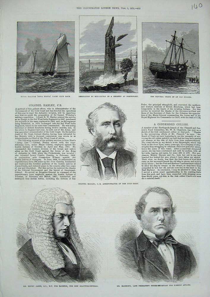Old Antique Print 1873 James Solicitor Hammond Harley Halifax Boat Ship 19th