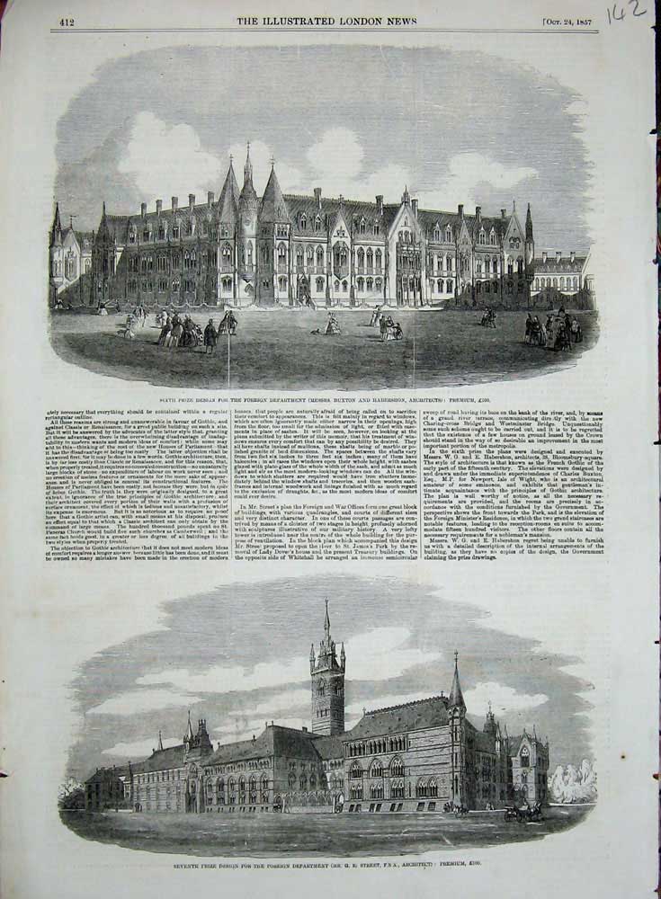 Old Antique Print 1857 Foreign Department Design Architecture Habershon 19th