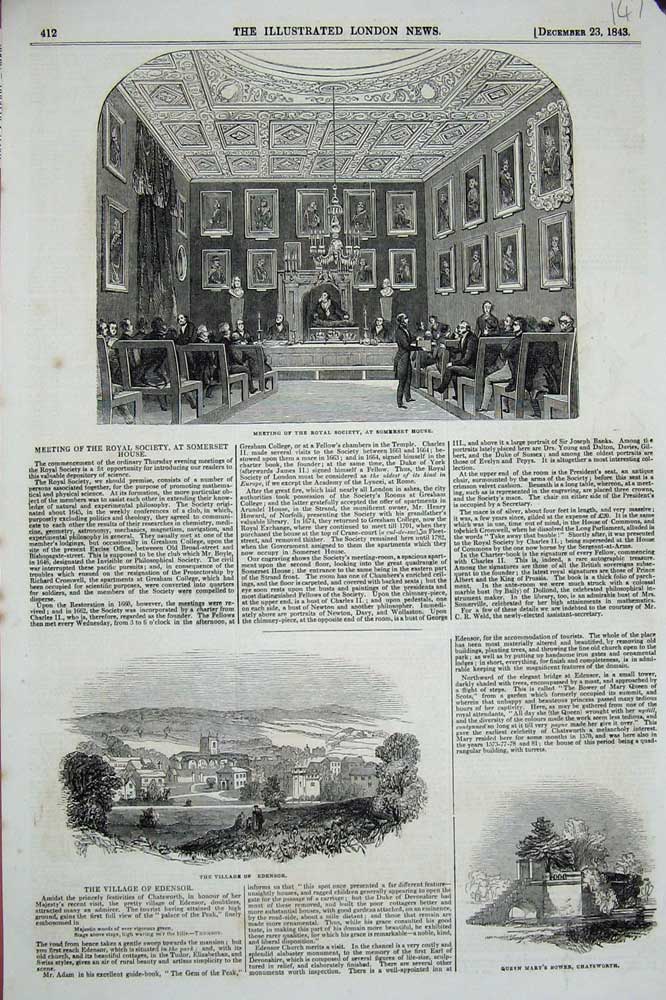 Original Old Antique Print 1843 Royal Society Somerset House Edensor Chatsworth