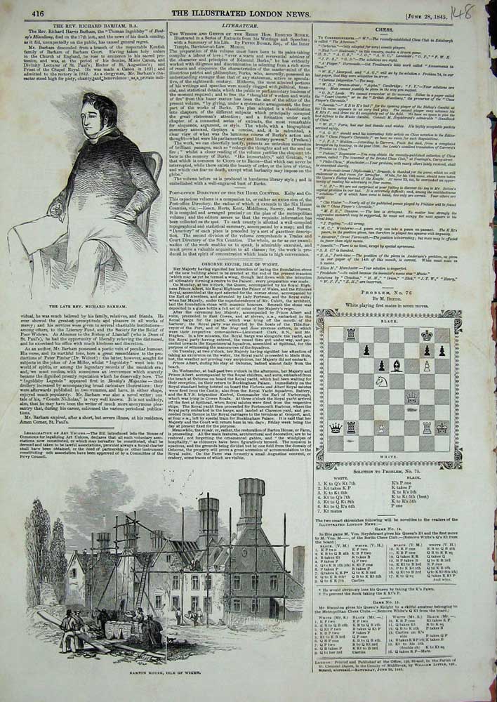 Old Antique Print 1845 Richard Barham Barton House Isle Wight Chess Board 19th