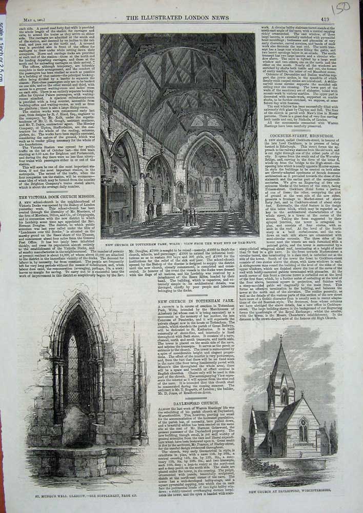 Old Antique Print 1861 Church Tottenham Daylesford Mungo'S Well Glasgow 19th